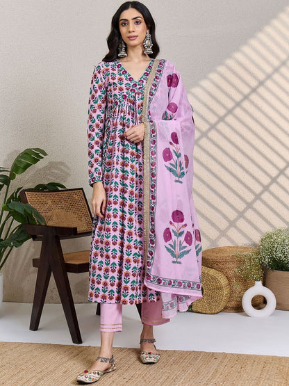 Women Floral Printed Empire Pure Cotton Kurta with Trousers & With Dupatta