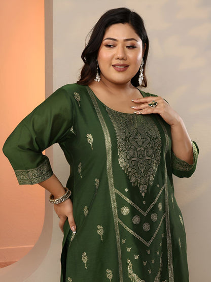 Dhiyona Women's Plus Size Ethnic Motifs Embroidered Kurta with Trousers & Dupatta