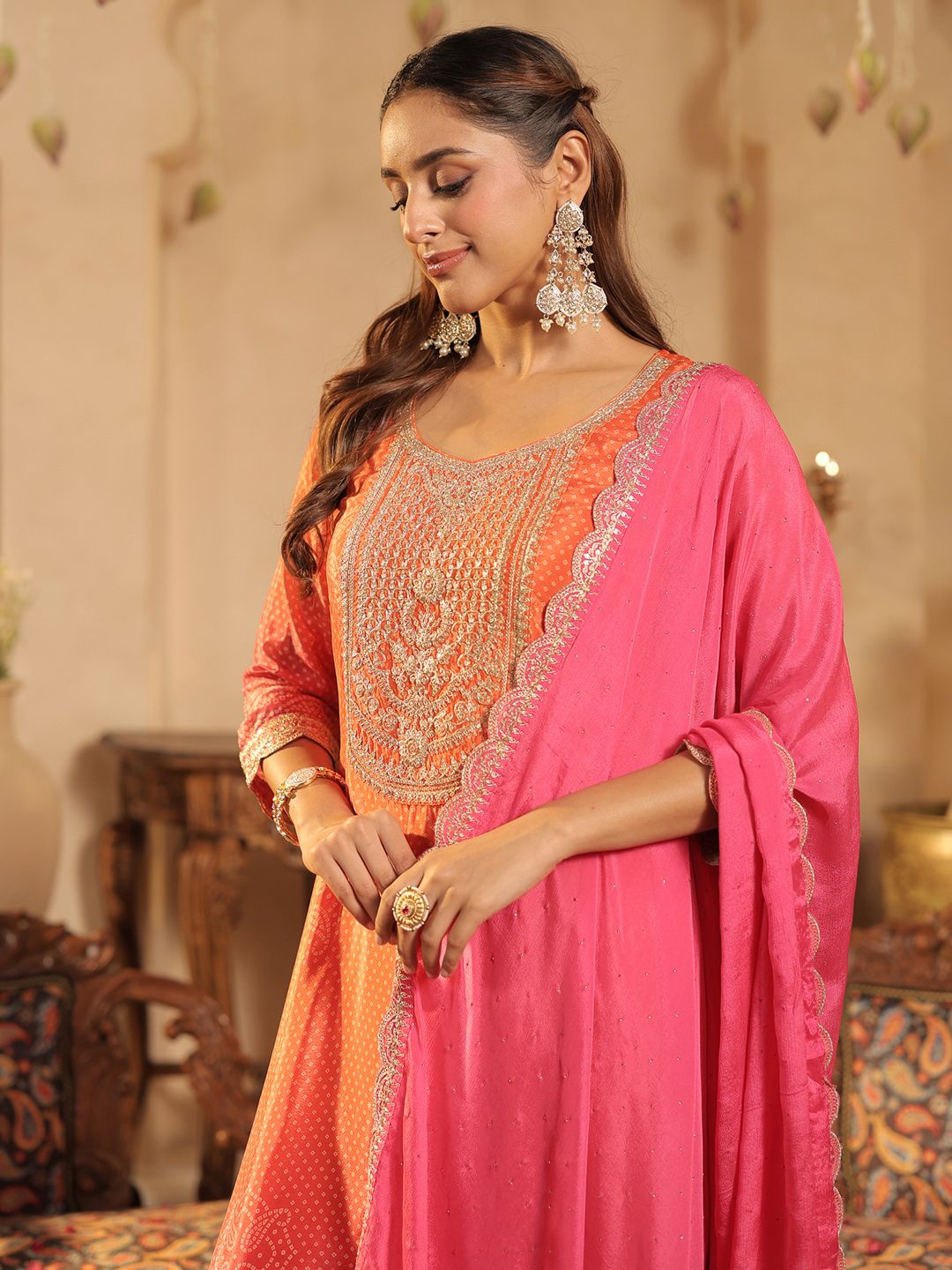 Bandhani Printed Straight Sequinned Kurta With Trousers & Dupatta