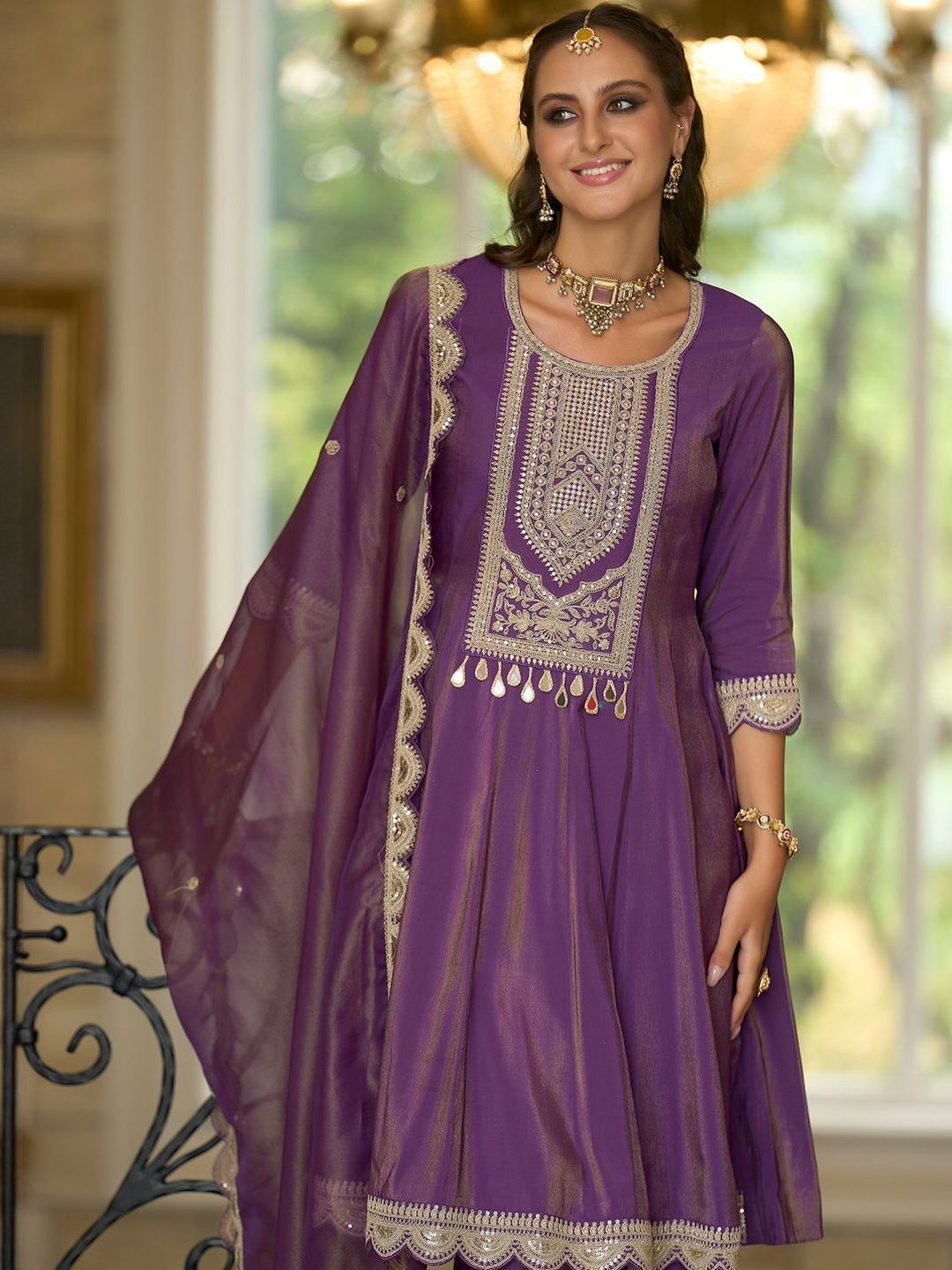 Women Ethnic Motifs Embroidered A-Line Kurta with Palazzos & Dupatta