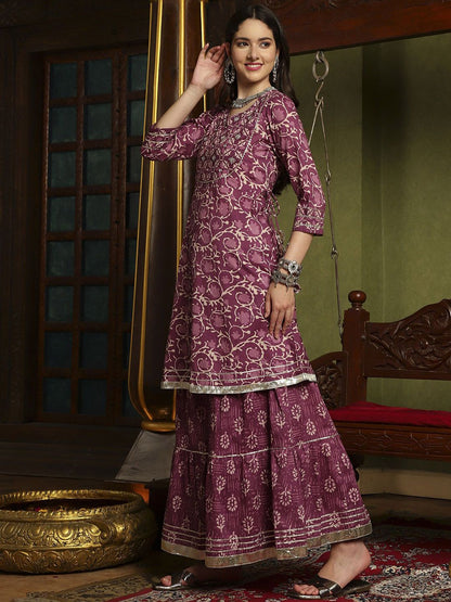 Dhiyona SN Women's Purple Floral Printed Notch-Neck Pure Cotton A-Line Kurta With Sharara & Dupatta.