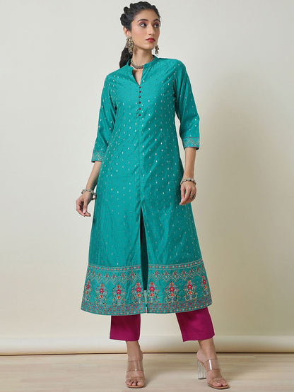 Dhiyona SO Women's Alina Cut Woven Design Mandarin Collar Thread Work Chanderi Silk Kurta &Trouser & Dupatta