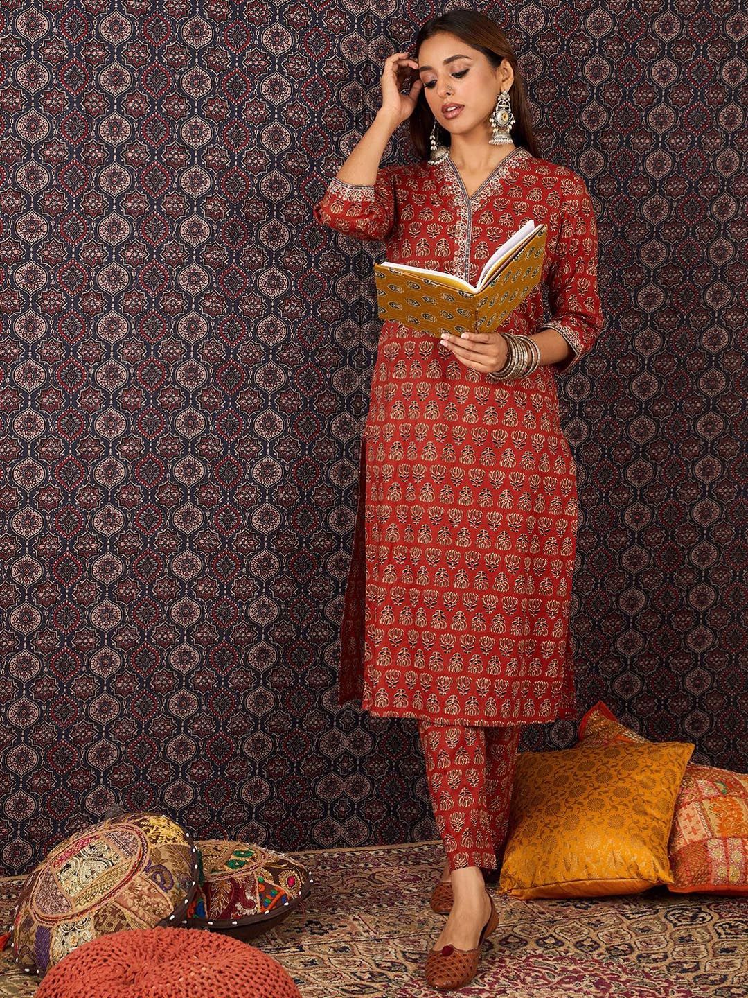 Dhiyona IE Women's Women Ethnic Motifs Printed Straight Pure Cotton Kurta with Trouser