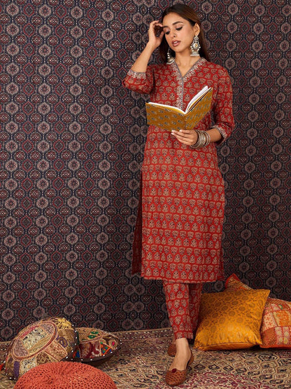 Dhiyona IE Women's Women Ethnic Motifs Printed Straight Pure Cotton Kurta with Trouser