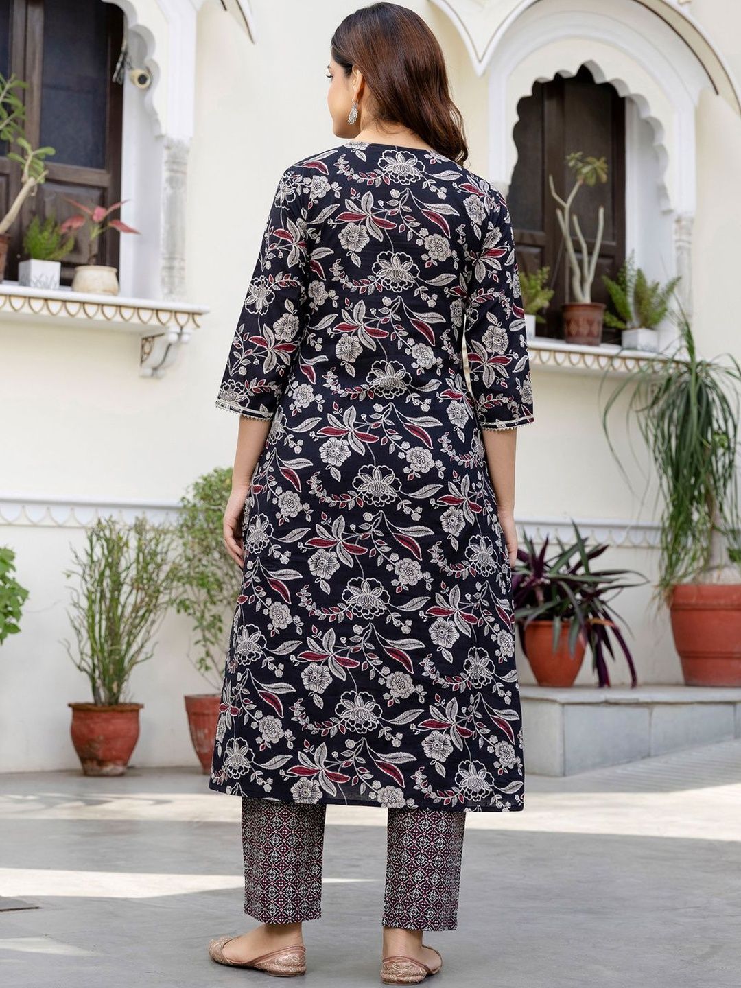 Women Floral Printed Angrakha Pure Cotton Kurta with Trousers & With Dupatta