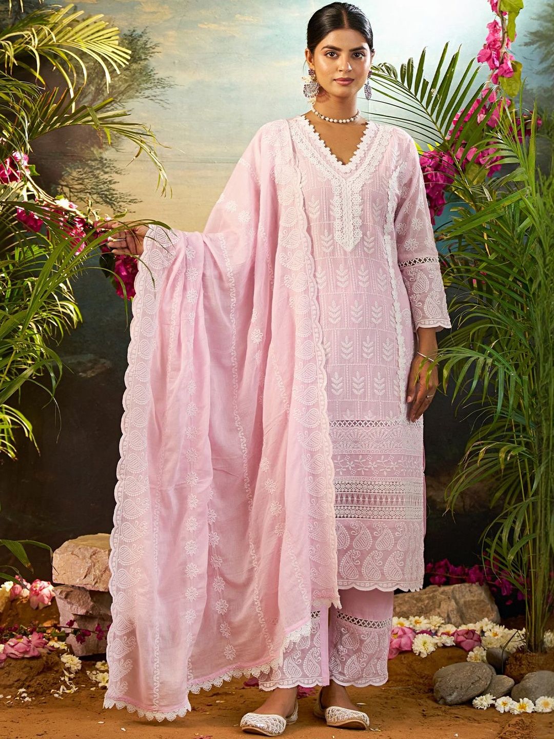 Dhiyona IE Floral Embroidered Thread Work Pure Cotton Kurta With Trousers & Dupatta