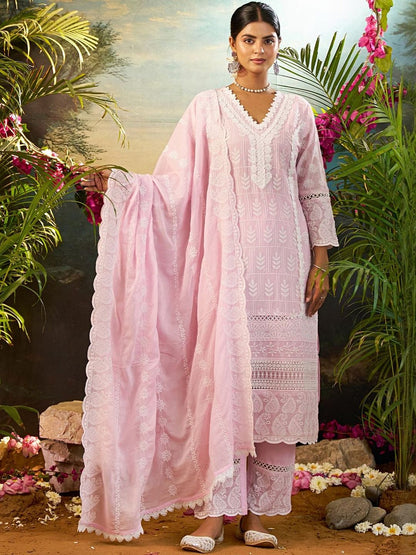 Floral Embroidered Thread Work Pure Cotton Kurta With Trousers & Dupatta