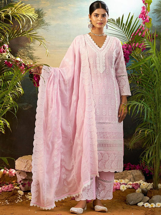 Floral Embroidered Thread Work Pure Cotton Kurta With Trousers & Dupatta