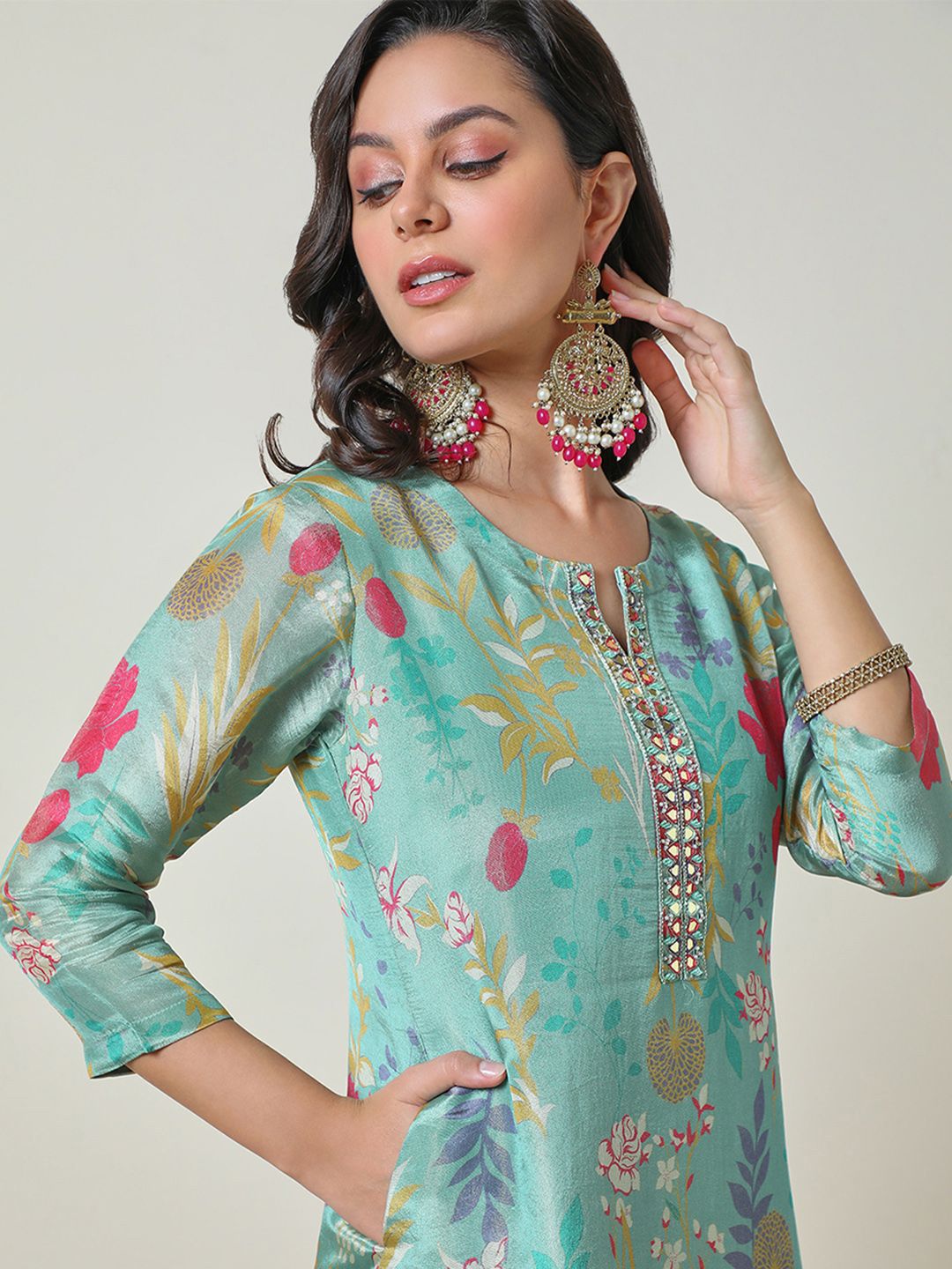Dhiyona SO Women's Turquoise Blue Floral Printed Mirror Work Yoke Design Straight Kurta With Trousers