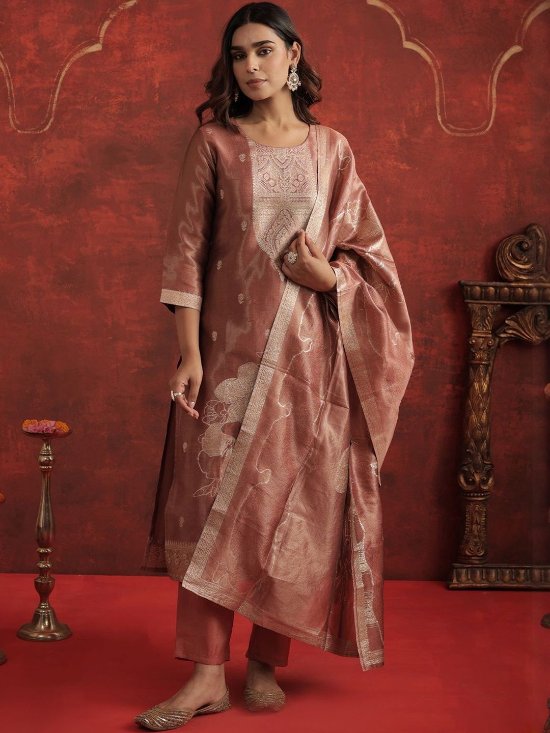 Floral Woven Design Round Neck Straight Kurta With Trousers & Dupatta