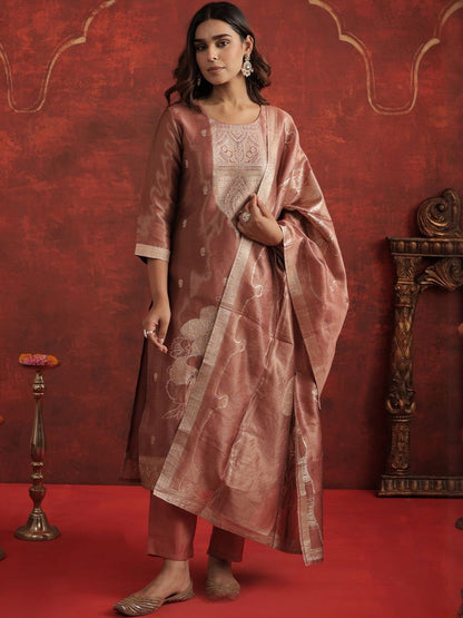 Floral Woven Design Round Neck Straight Kurta With Trousers & Dupatta