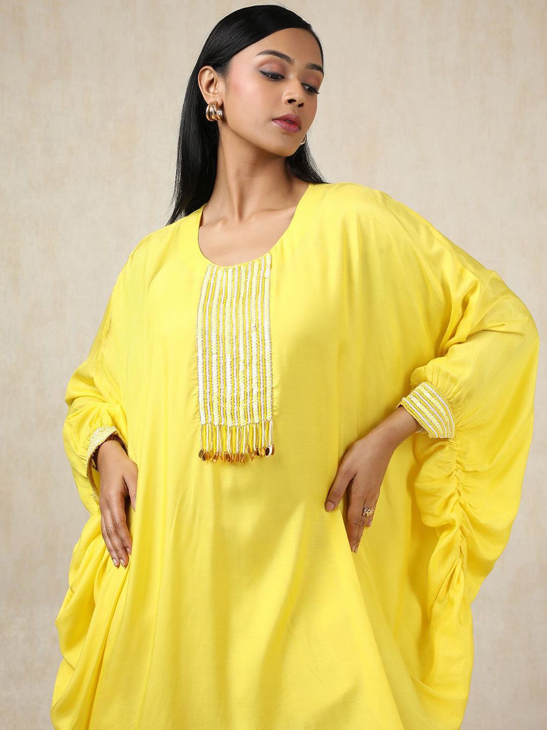 Dhiyona SO Women's Striped Yoke Design Sequinned Round Neck Kaftan Pure Cotton Kurta With Palazzos