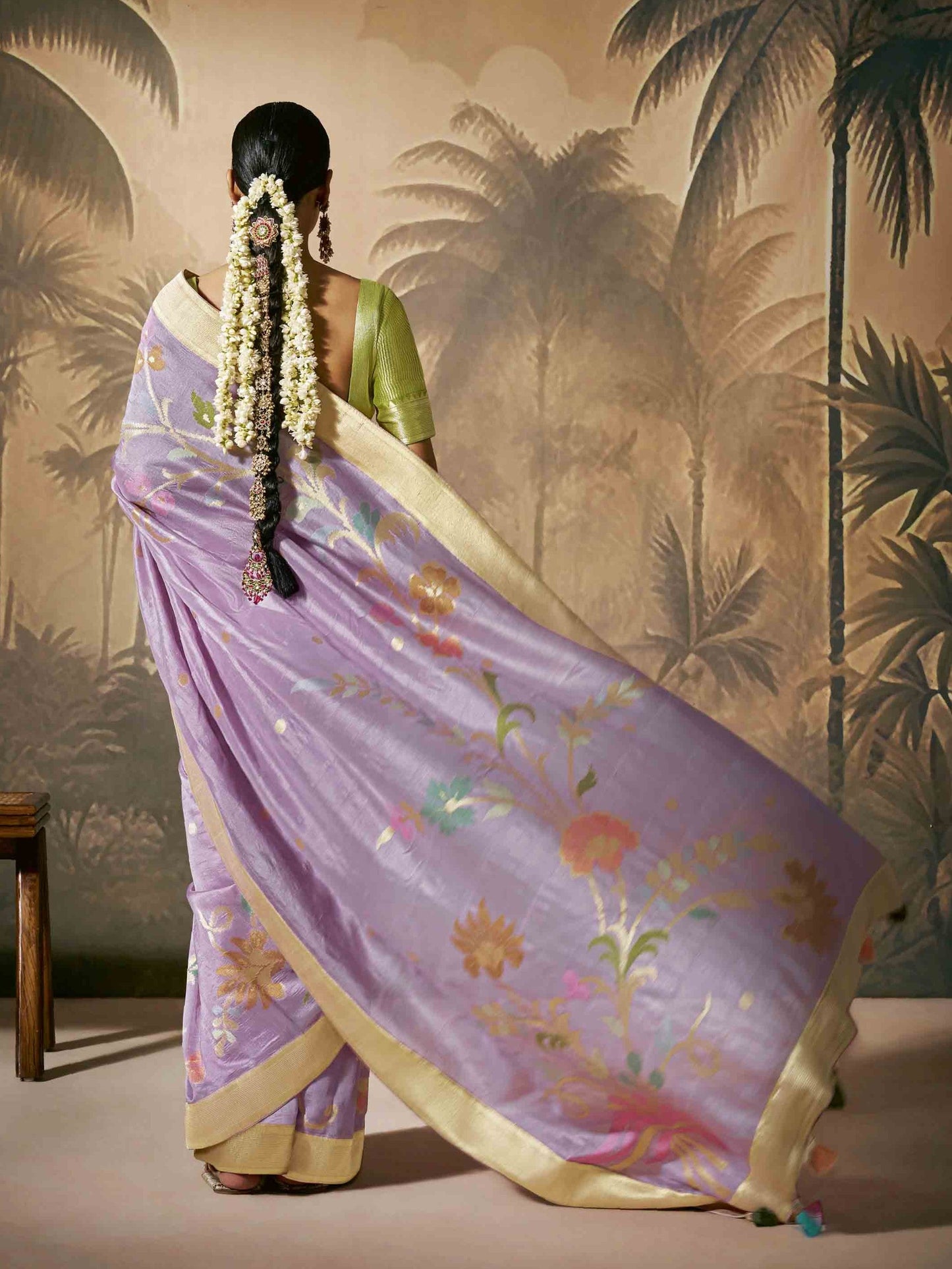 Dhiyona KM Women Royal Purple Silk Saree With Stunning Contrast Green Blouse