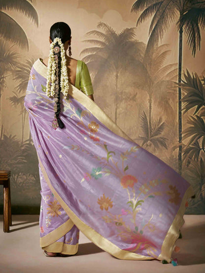 Dhiyona KM Women Royal Purple Silk Saree With Stunning Contrast Green Blouse