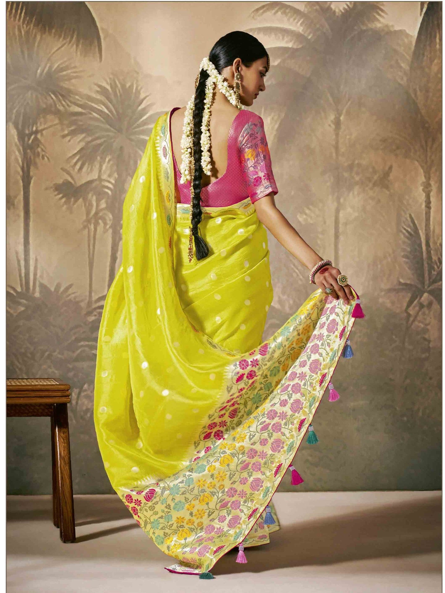 Dhiyona KM Women Vibrant Yellow Saree With Bold Red Blouse