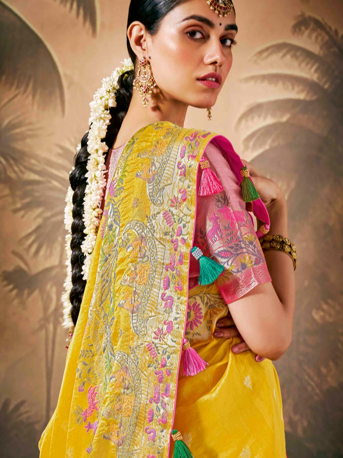 Dhiyona KM Women Vibrant Yellow Saree With Red Contrast Blouse