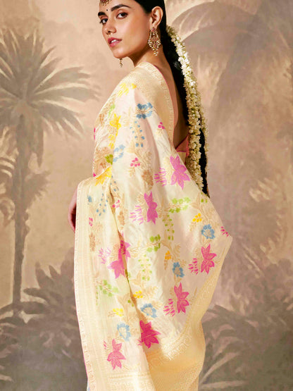 Dhiyona KM Women Elegant White Saree With Multi-Color Floral Embroidery