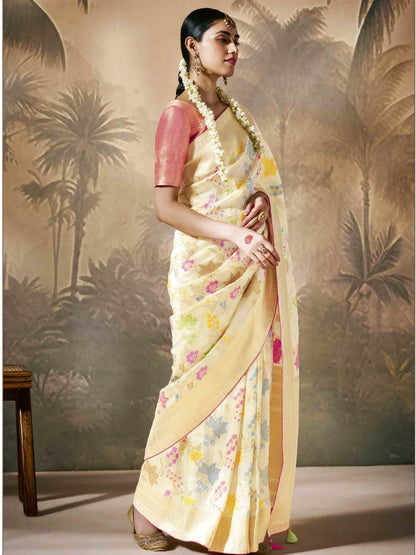 Dhiyona KM Women Elegant White Saree With Multi-Color Floral Embroidery