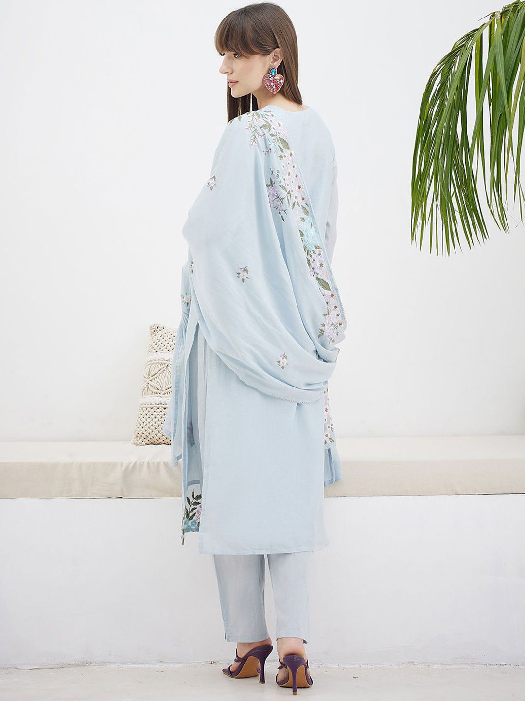 Floral Embroidered Straight Thread Work Pure Cotton Kurta With Trousers & Dupatta