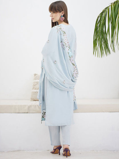 Floral Embroidered Straight Thread Work Pure Cotton Kurta With Trousers & Dupatta