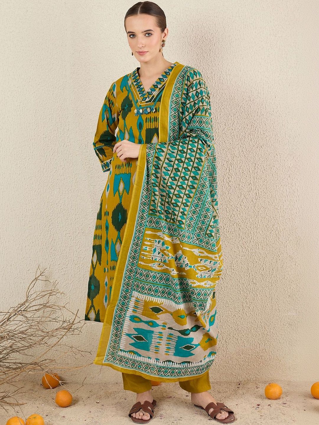 Dhiyona IE Women Ethnic Motifs Printed Regular Thread Work Pure Cotton Kurta with Trousers & With Dupatta