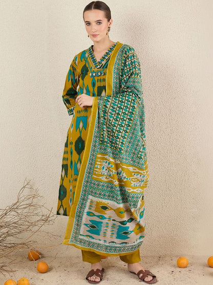 Women Ethnic Motifs Printed Regular Thread Work Pure Cotton Kurta with Trousers & With Dupatta