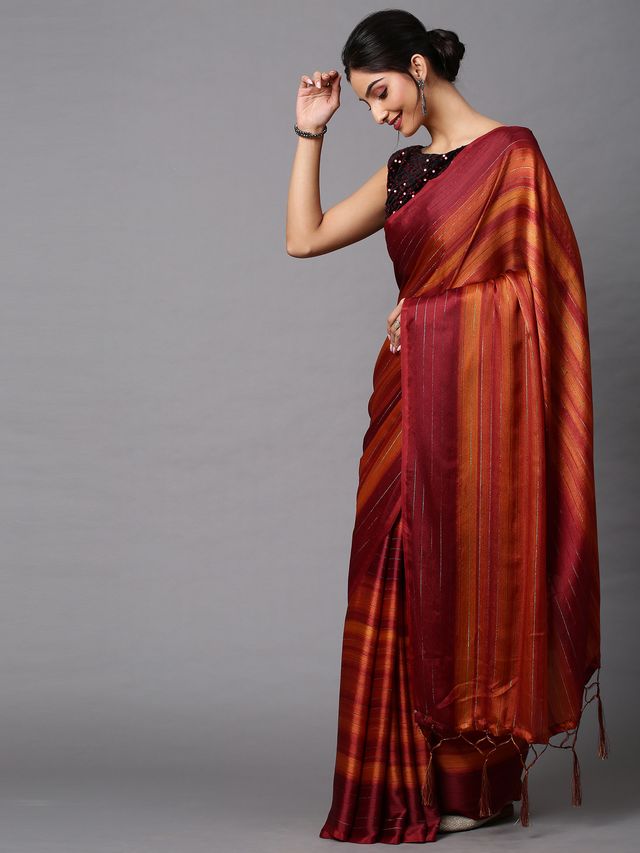 Women's Poly Georgette Rust Solid Designer Saree With Blouse Piece