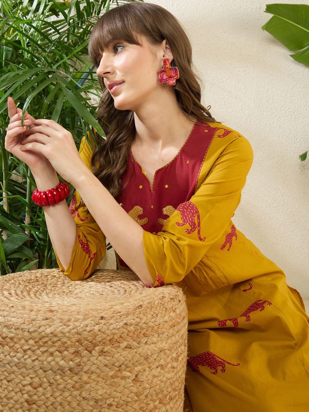 Women Animal Printed Tiered Thread Work Pure Cotton Kurta with Trousers