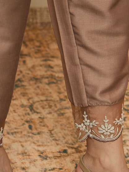 Floral Yoke Design Thread Work Straight Kurta With Trousers & Dupatta