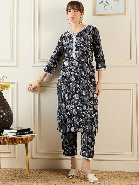 Dhiyona IE Women Floral Printed Regular Pure Cotton Kurta with Trousers
