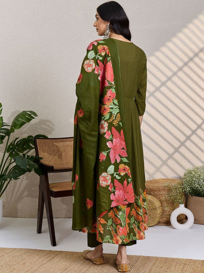 Women Floral Printed Panelled Beads and Stones Pure Cotton Kurta with Trousers & With Dupatta