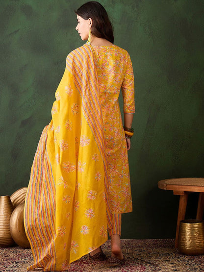 Dhiyona SN Women's Floral Printed Sequinned V-Neck Straight Kurta & Trouser With Dupatta