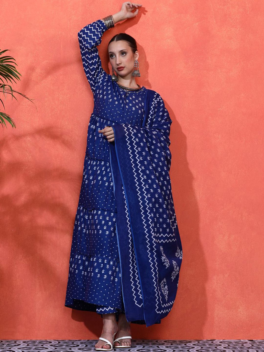 Dhiyona SN Women's Floral Printed Pure Cotton A-Line Kurta & Trousers With Dupatta