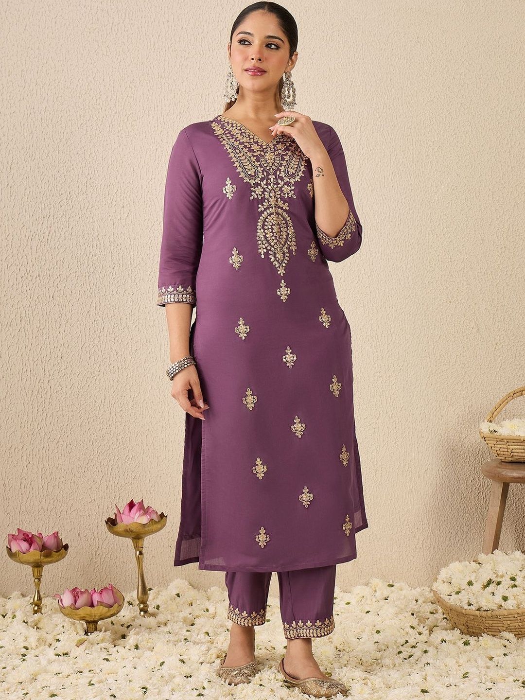 Women Embroidered Sequinned Regular Straight Kurta With Trousers & Dupatta