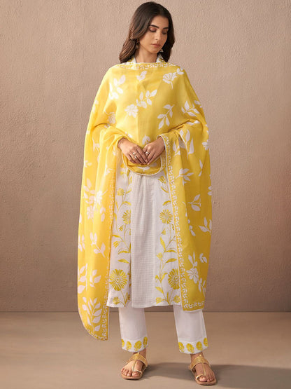 Dhiyona IE Women Floral Embroidered Regular Thread Work Pure Cotton Kurta with Trousers & With Dupatta