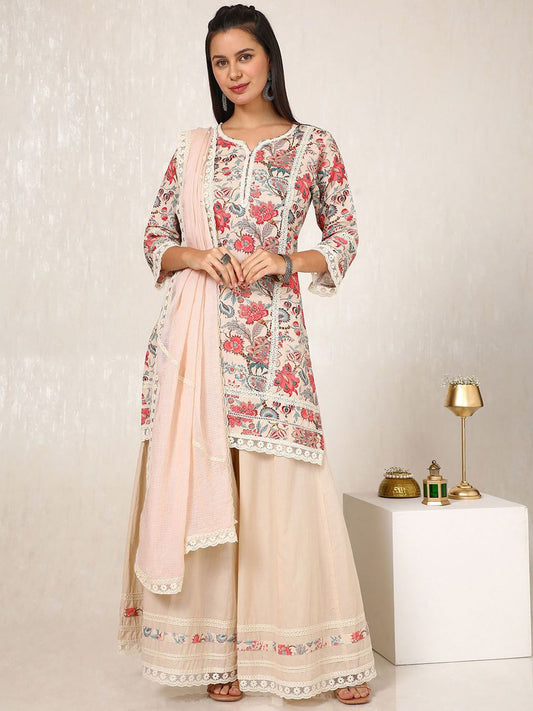 Dhiyona SO Women's Floral Printed Gotta Patti Linen Straight Kurti with Palazzos & Dupatta