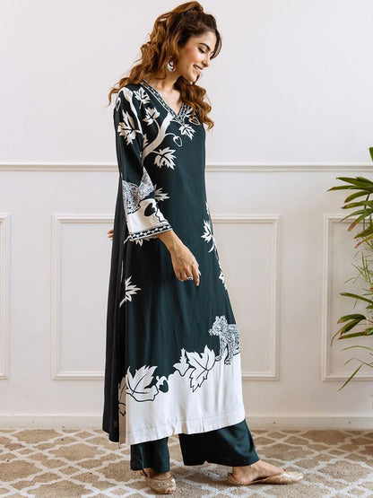 Dhiyona IS Women's Floral Printed V-Neck Flared Sleeves Straight Kurta With Palazzos