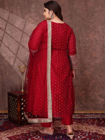 Dhiyona IN Woven Design V Neck A Line Chanderi Silk Kurta With Trousers & Dupatta