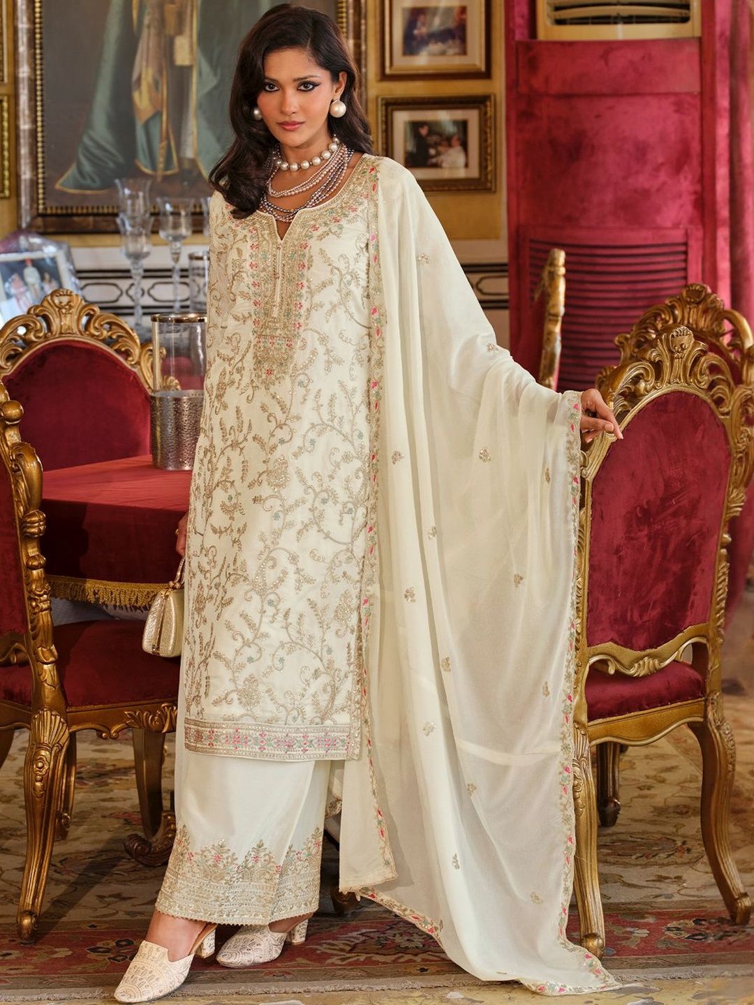 Women Ethnic Motifs Embroidered Regular Thread Work Kurta with Palazzos & Dupatta