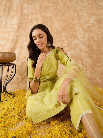 Floral Printed Straight Liva Kurta with Palazzo & Dupatta