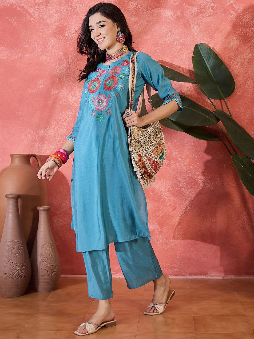 Dhiyona SN Women's Floral Yoke Design Notch Neck Sequinned Straight Kurta With Trouser
