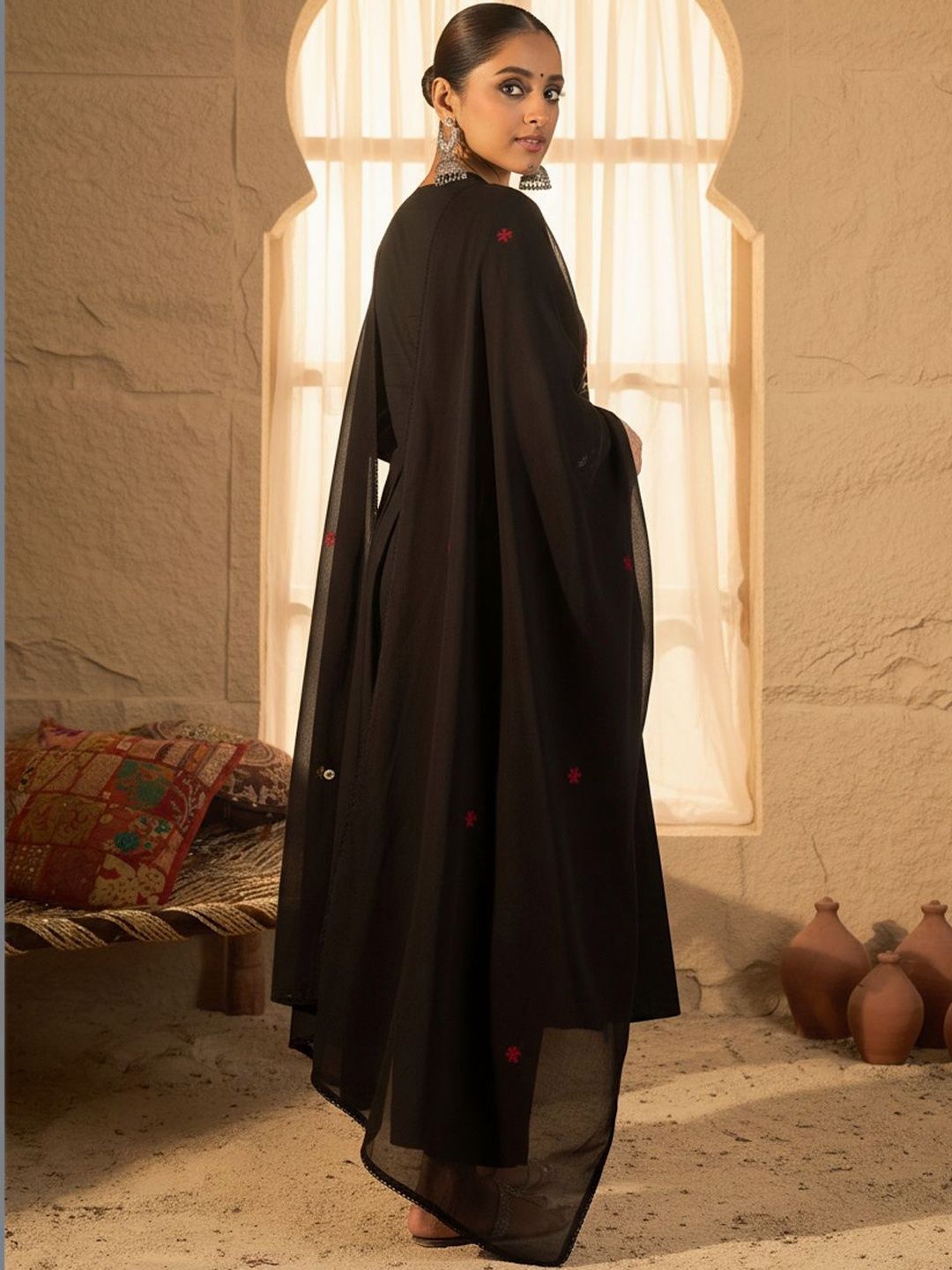 Women Ethnic Motifs Embroidered Empire Thread Work Pure Cotton Kurta with Trousers & With Dupatta