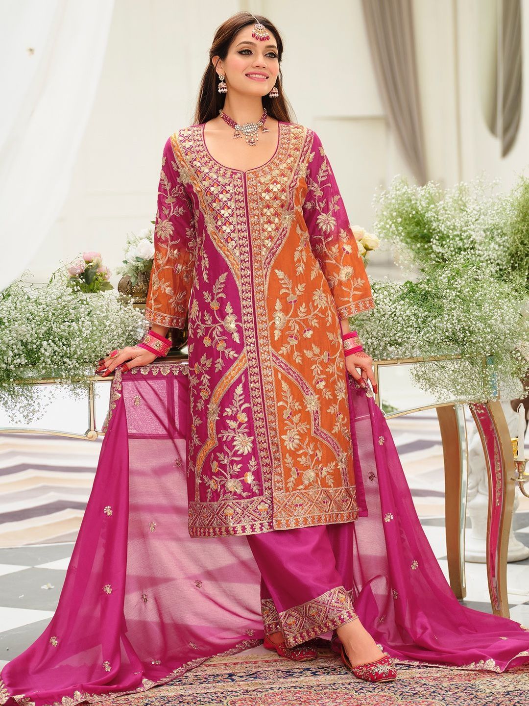 Women Ethnic Motifs Embroidered Panelled Kurta with Palazzos & Dupatta