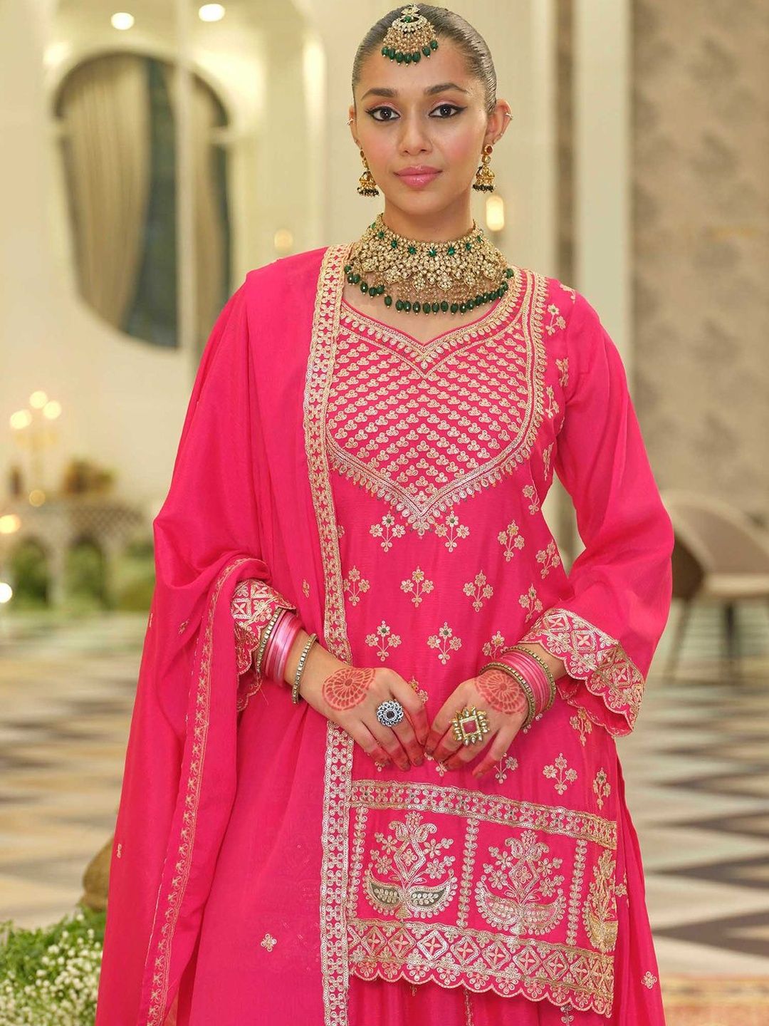 Dhiyona IE Ethnic Motifs Embroidered V-Neck Straight Kurta With Sharara & Dupatta