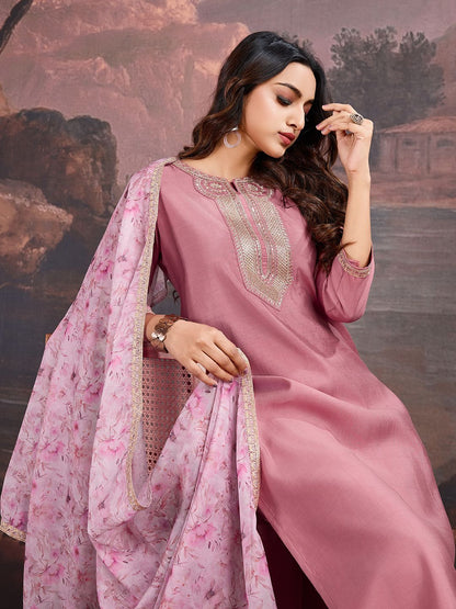 Dhiyona PD Women Floral Embroidered Sequinned Straight Kurta With Trouser & Dupatta