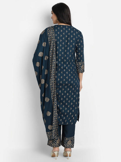 Women Blue Printed Viscose Rayon Kurta And Pant Set