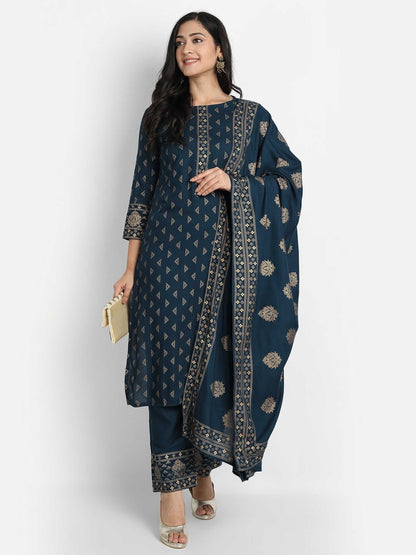 Women Blue Printed Viscose Rayon Kurta And Pant Set