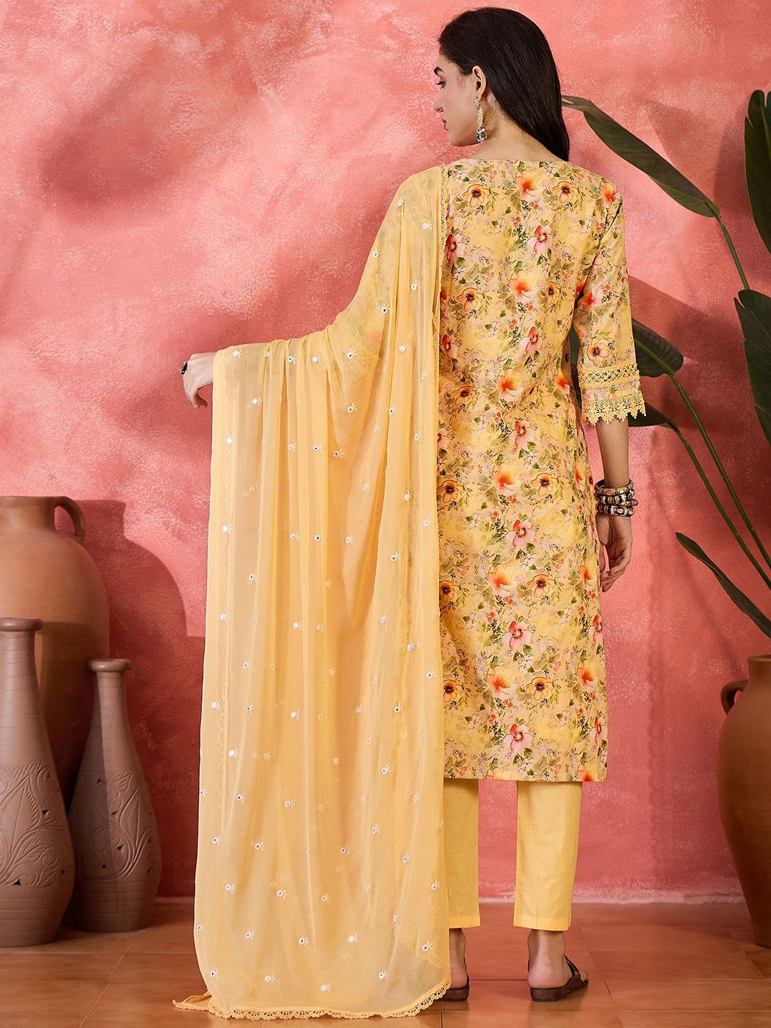 Dhiyona SN Women's Digital Printed With Schiffli Embroidered Cotton Kurta With Bottom & Dupatta Set
