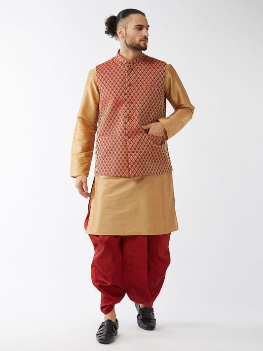 Men's Rose Gold Silk Blend Straight Jacket  Kurta and Dhoti Set