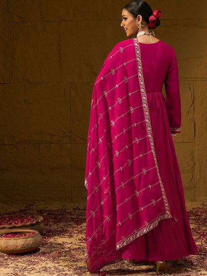 Floral Embroidered Notched Neck Pleated A-Line Kurta With Trousers & Dupatta